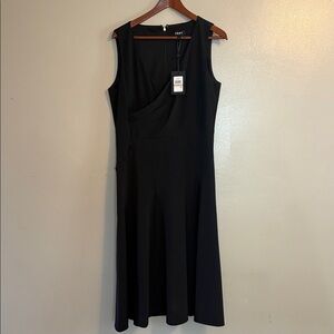 DKNY Black Sleeveless A-Line Midi Dress with Button Detail